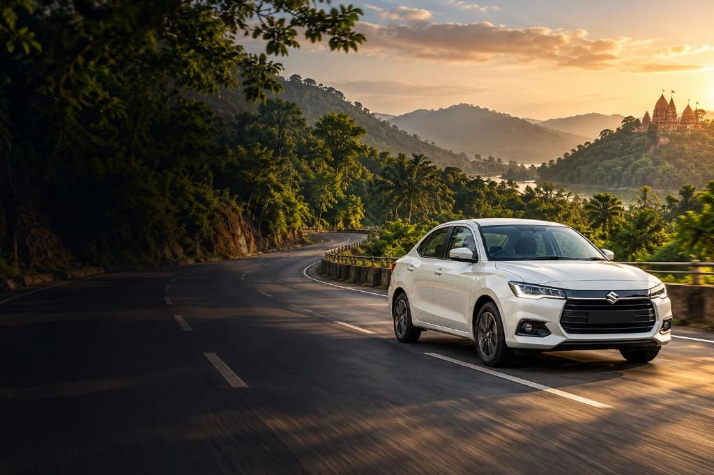 Maa Taratarini Cabs white Dzire sedan on scenic Odisha mountain highway at sunset